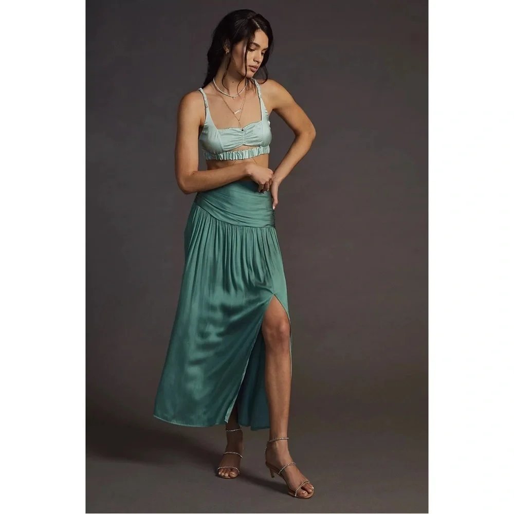 Anthropologie Current Air Green Satin Slit Midi Skirt XS Resort Vacation NWT